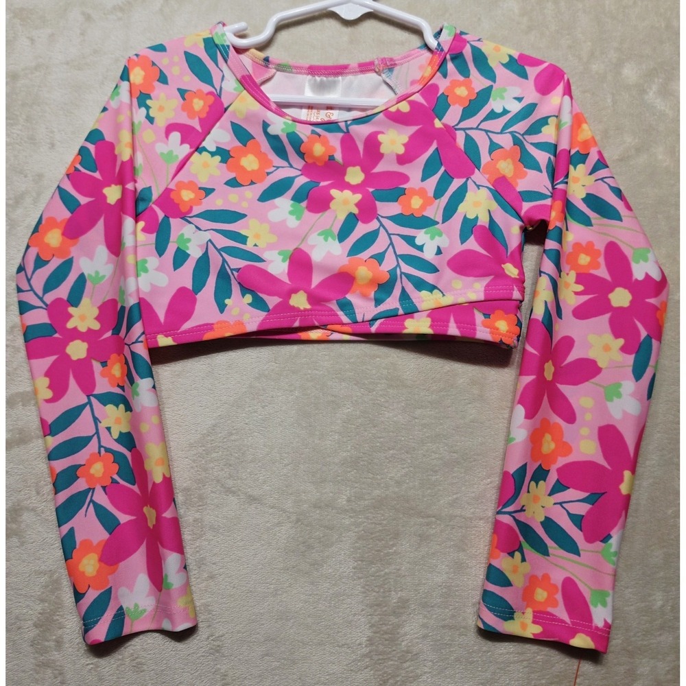 Cat & Jack Girls XS 4/5 Floral Rash‎ Guard Swim Top Long Sleeve Pink UPF 50 Crop
